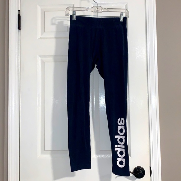 Adidas Navy blue leggings w/,”ADIDAS ,” written in white down front lower leg. - Picture 6 of 10
